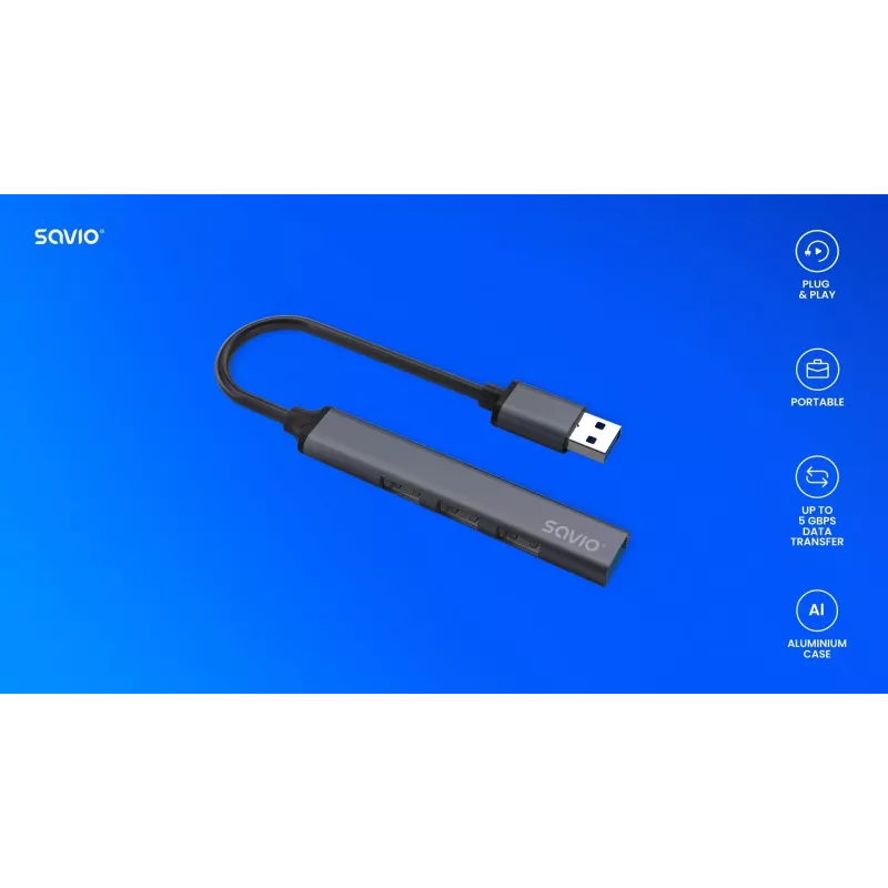 USB šakotuvas SAVIO AK-70, 4 prievadai (1× USB 3.0 + 3× USB 2.0), 5 Gbit/s