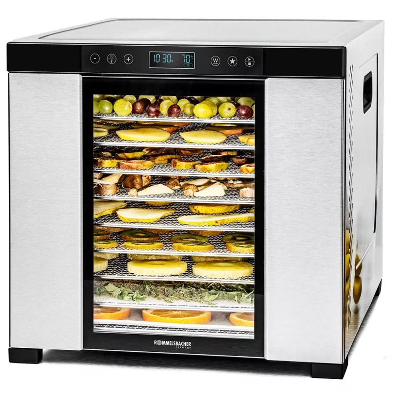 Džiovintuvas maistui Rommelsbacher DA1050, nerūdijantis plienas, 5 padėklai (10 nerūdijančio plieno padėklų), reguliuojama 35–75 °C, 99 h laikmatis, 1,6 m² džiovinimo plotas