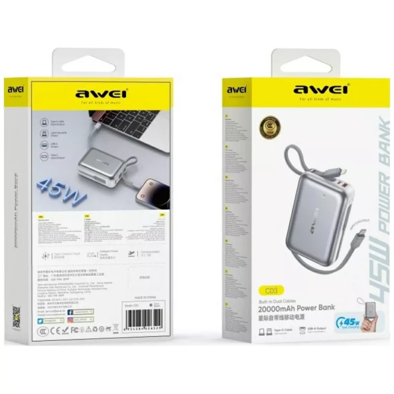 Nešiojamas powerbankas Awei C03 20000mAh su 45W išėjimu ir integruotu USB-A/USB-C laidu