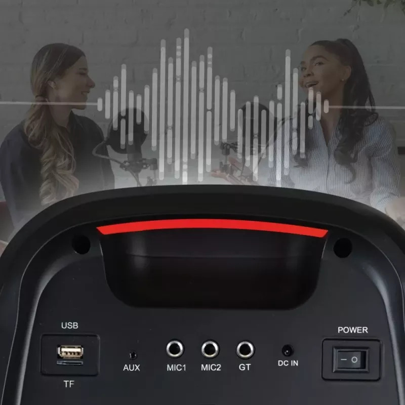 Nešiojamas garsiakalbis MANTA ATTIS SPK0802 120W, Bluetooth, laidinis įėjimas, įkraunamas, FM, LED lemputės