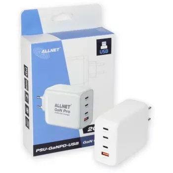 ALLNET Power Supply PSU-GaNPD-USB-1A3C-200W — 200 W GaN USB įkroviklis, 1× USB-A, 3× USB-C