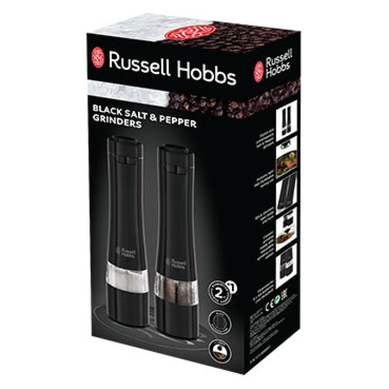 Russell Hobbs 28010-56 elektrinis druskos ir pipirų malūnėlių rinkinys (automatinis, reguliuojamas malimas, šviesa ant pagrindo, juodas metalinis dizainas)