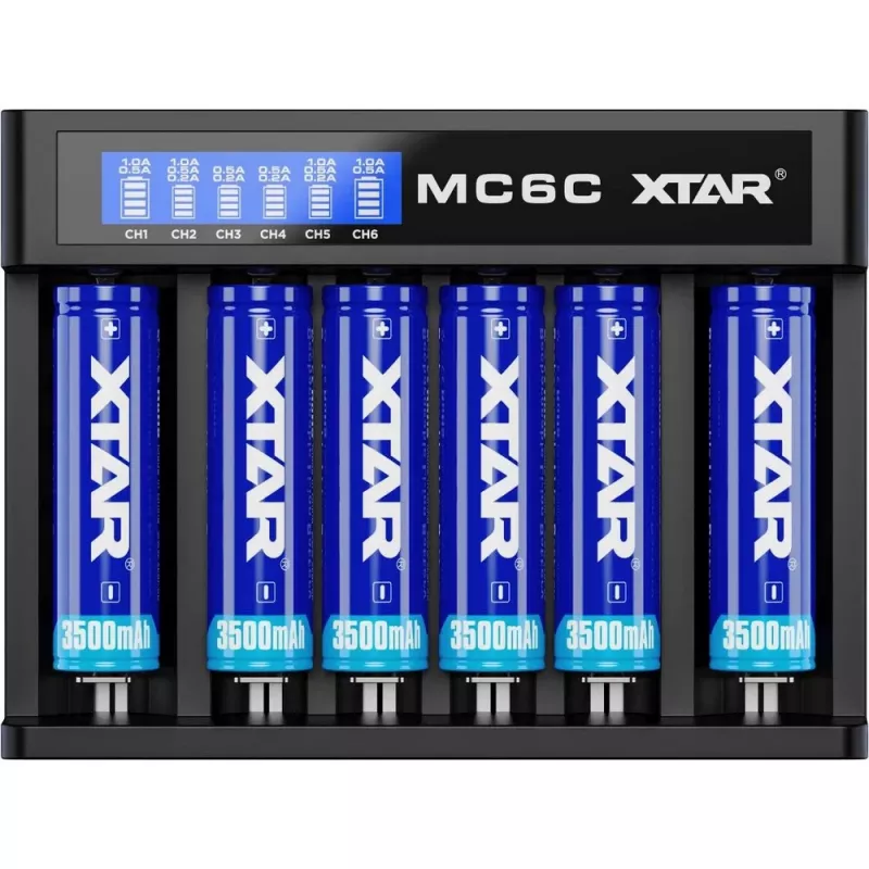 Įkroviklis XTAR MC6C 6 lizdų, Li‑jonų cilindrinėms baterijoms, 18650/21700/AA, 5V, juodas