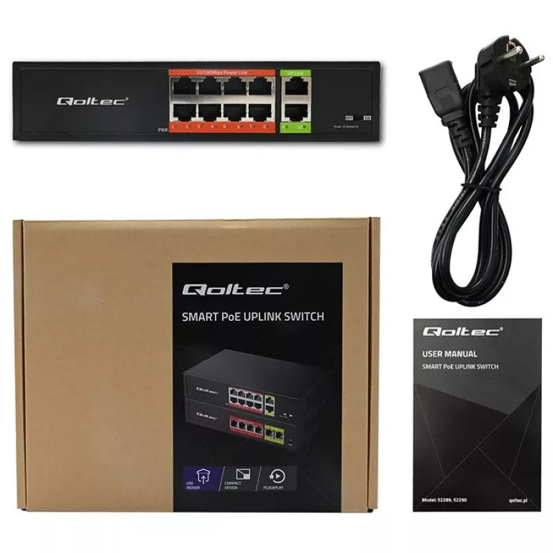 Tinklo jungiklis QOLTEC FAST Ethernet PoE 8xRJ45 su 2xRJ45 uplink (model 52290)