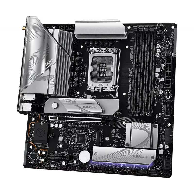 Pagrindinė plokštė ASRock B860M LiveMixer WiFi — Intel B860, LGA 1851, micro ATX, DDR5, 4x DIMM, Wi‑Fi 6E, 2.5Gb LAN