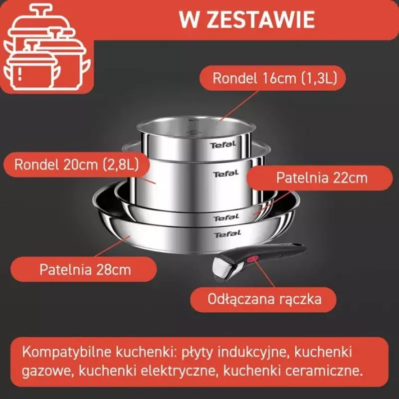 Keptuvių rinkinys Tefal Ingenio Emotion L897S574, indukcinis, nuimama rankena, 16/20/22/28 cm