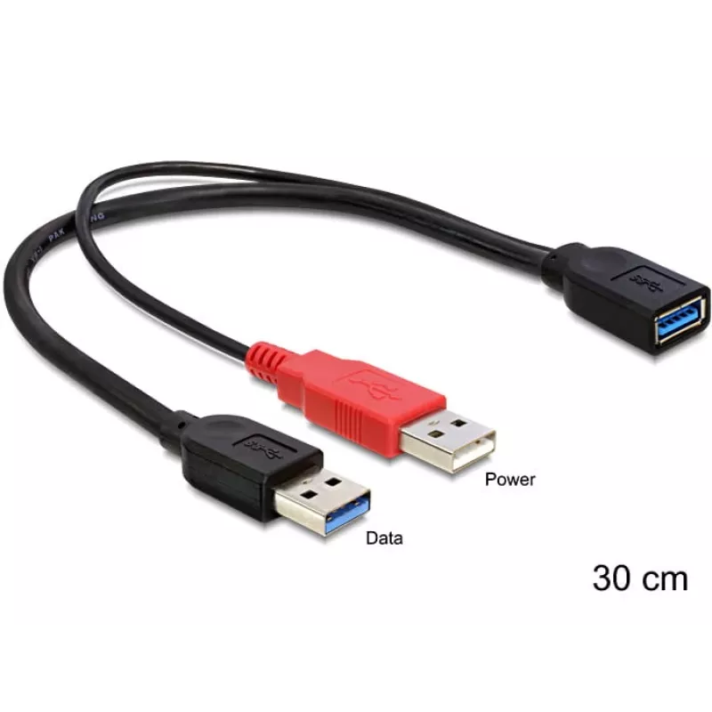 Delock 83176 USB 3.0 Y formos kabelis, USB A tipo kištukas + USB A tipo kištukas (tik maitinimui) į USB 3.0 A tipo lizdą, 0,3 m