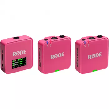 Belaidis mikrofonas RODE Wireless GO III Pink — kompaktiška dviejų kanalų siųstuvų ir imtuvo sistema