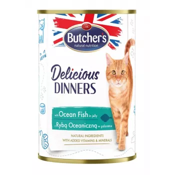 Šlapias kačių ėdalas butcher's Delicious Dinners Ocean Fish Chunks in jelly 400 g, žuvies skonio, senjorams, skardinė