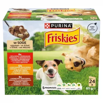 Šlapias šunų maistas multipack Purina Nestlé Friskies suaugusiems Jautiena, Vištiena ir Ėriena 24 x 85 g, pilnavertis pašaras, 82,5% drėgmės
