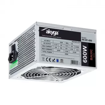 Akyga Basic AK-B1-600 ATX maitinimo blokas 600 W, 120 mm ventiliatorius, pasyvus PFC, pilkas