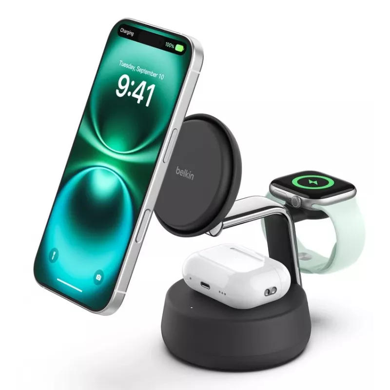 Belaidis įkroviklis Belkin UltraCharge Pro 25W Qi2 3in1 magnetinis įkroviklis anglies spalvos