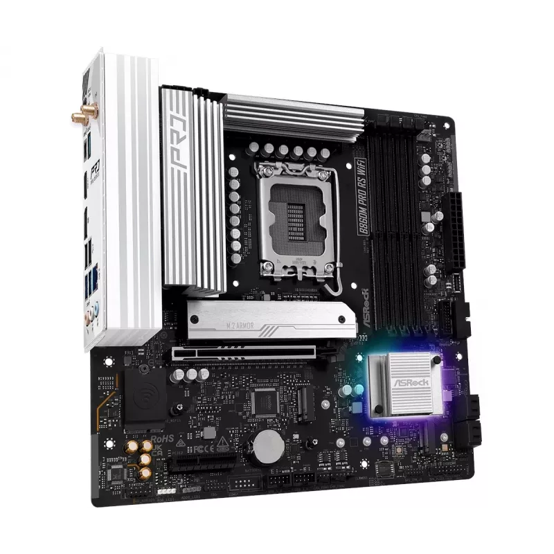 Motininė plokštė ASRock B860M Pro RS WiFi — Intel B860, LGA 1851, micro ATX, DDR5, 4 lizdai, 3x M.2, 2,5Gb LAN, Wi‑Fi, Bluetooth