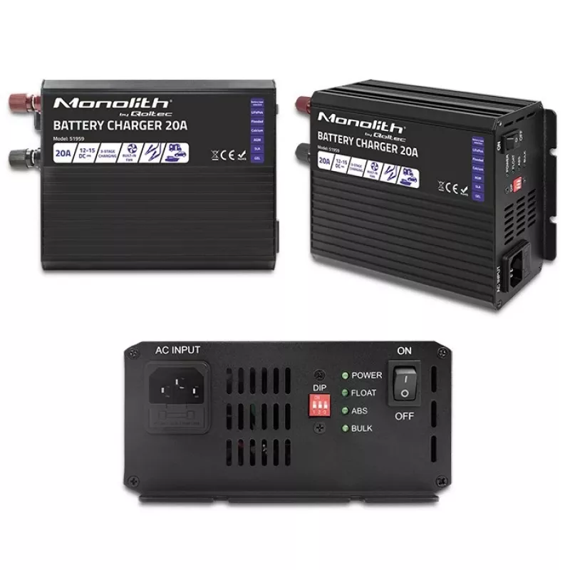 Kroviklis QOLTEC Monolith 20A 12V LiFePO4, AGM, GEL, SLA akumuliatoriams