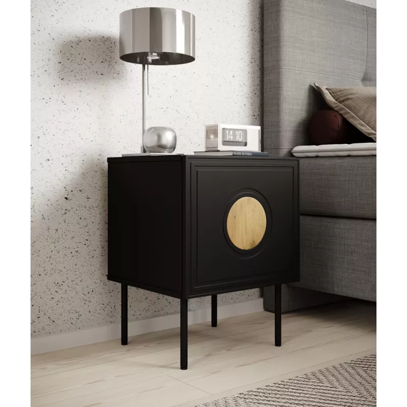 Naktinių stalelių komplektas 2 vnt. cama meble PALAZZO 44,5×40×59 cm juodos spalvos ir ąžuolo craft – 1 durelės, matinis laminatas, metalinės kojelės