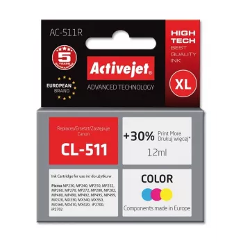 Kasetė rašalinė ActiveJet AC-511R suderinama su Canon CL-511, dažų CMY, didelės (XL) talpos 12 ml, vienetinis paketas