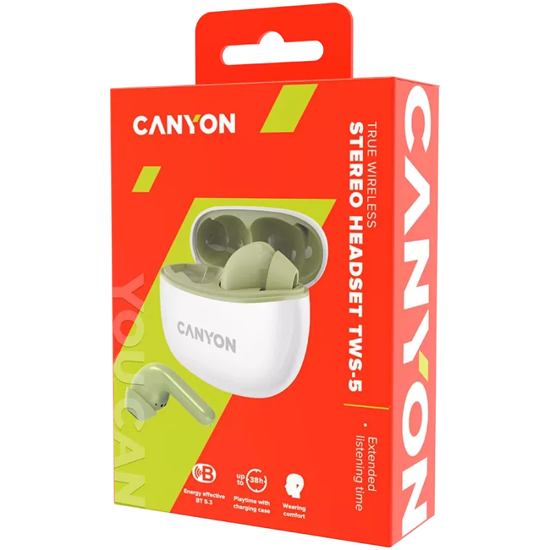 CANYON TWS-5 belaidės ausinės (į ausis), žalios, Bluetooth 5.3, liečiamas valdymas, USB-C įkrovimas