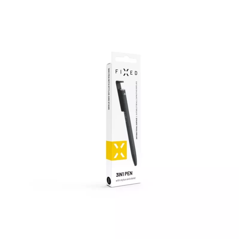 3-in-1 rašiklis su stiliaus ir stovu FIXED FIXPEN-BK — tušinukas, talpinis antgalis, įmontuotas stovas, juodas
