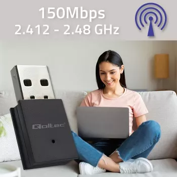 Belaidis USB mini Wi-Fi adapteris QOLTEC 57007 – vienos juostos 2.4 GHz, iki 150 Mbps, vidinė antena