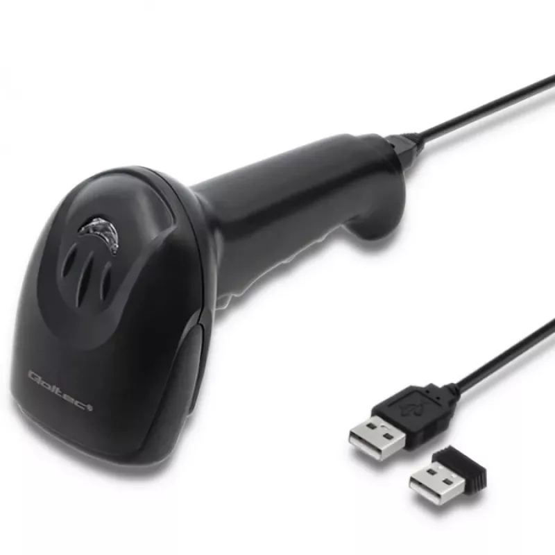 Nešiojamas brūkšninių kodų skaitytuvas QOLTEC 50868 – 1D/2D lazerinis skaitytuvas, USB laidinis ir belaidis, veikimo atstumas 600 mm, juodas