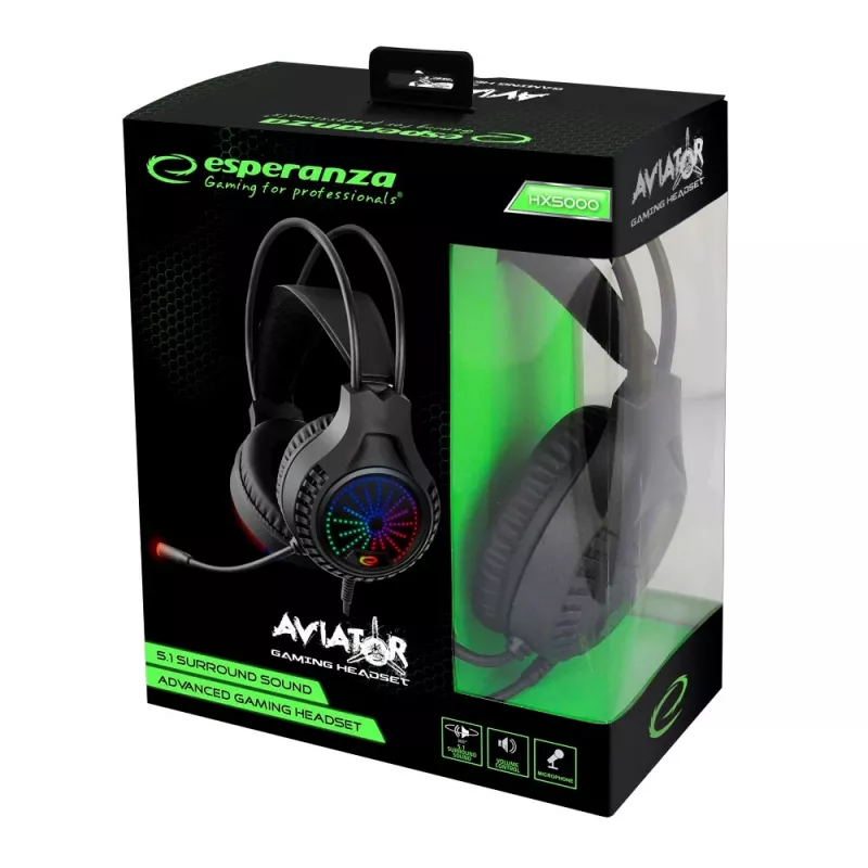 Žaidimų ausinės ESPERANZA EGH5000 – laidinės, ant ausų, USB 2.0, 20–20 000 Hz, 32 Ω, 105 dB, 1,5 m laidas, boom mikrofonas