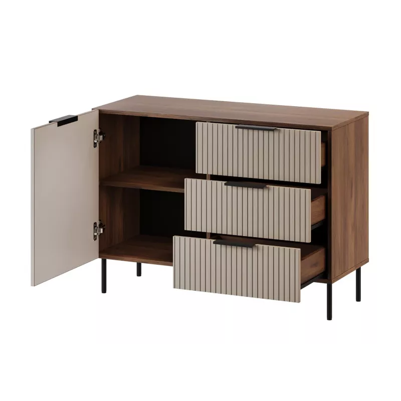 Komoda Cama Meble ALMERA 104x42x75 cm, riešutas/kreminė, 3 stalčiai, medžio drožlių plokštė