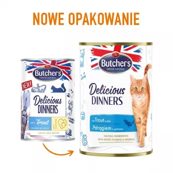 Šlapias kačių ėdalas Butcher's Pet Care Delicious Dinners 400 g – upėtakio skonio, suaugusioms katėms, be konservantų, be glitimo