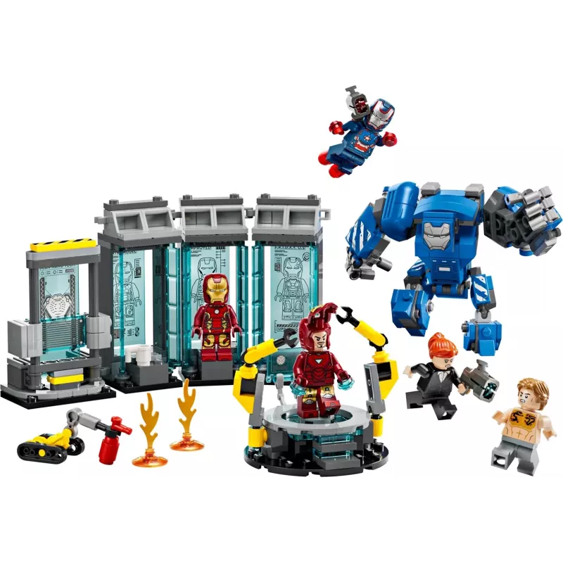 LEGO Marvel rinkinys Geležinio žmogaus laboratorija Šarvų salė 76315 — 384 detalės, 5 minifigūrėlės, ekspozicinė zona