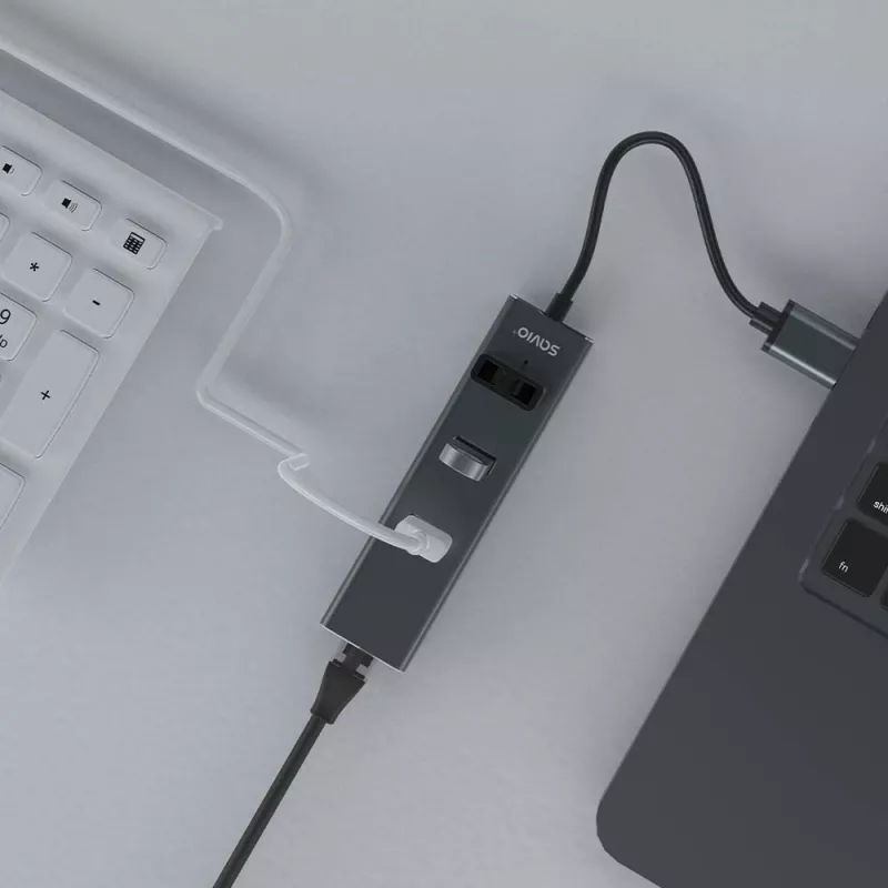 SAVIO USB-A stotelė su RJ-45 Gigabit Ethernet AK-57 — 3× USB-A + RJ-45, USB 3.2 Gen 1 Micro‑B pagrindinis, 5 Gbit/s, 4 prievadai, pilka