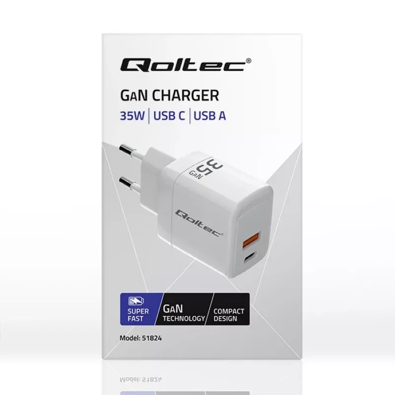 Kroviklis QOLTEC 51824 GaN 35W USB-C PD ir USB QC 3.0, 5–20V, 1x USB-C, 1x USB-A