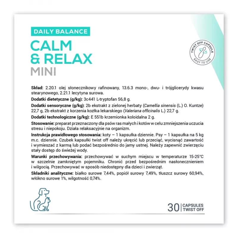 Raminamasis papildas VETEXPERT Calm&Relax Mini 30 kapsulių mažiems šunims ir katėms, 100 g, be cukraus, be glitimo