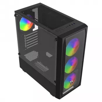 PC korpusas SAVIO Noctis Flow RGB — Cube, ATX/Mini-ITX, 3x 120 mm priekiniai ventiliatoriai, grūdintas stiklas, maks. GPU 35 cm