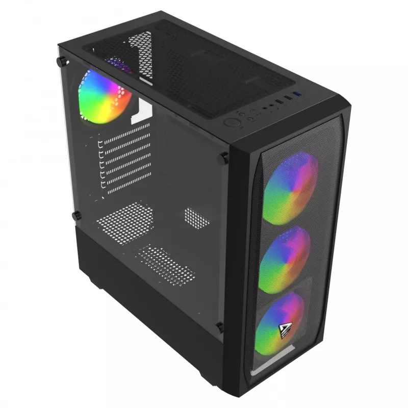 PC korpusas SAVIO Noctis Flow RGB — Cube, ATX/Mini-ITX, 3x 120 mm priekiniai ventiliatoriai, grūdintas stiklas, maks. GPU 35 cm