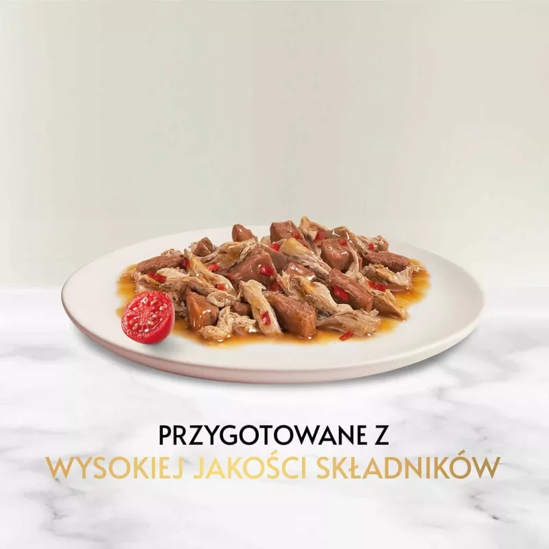Šlapias kačių ėdalas Gourmet (Purina) Gold 85 g – suaugusioms katėms, jautiena ir vištiena