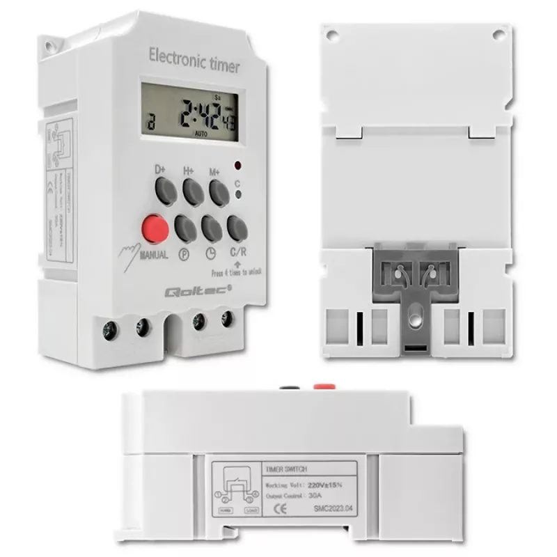DIN bėgelio elektroninis laikmatis QOLTEC PC0629 — 24V maitinimas, 16A išėjimas