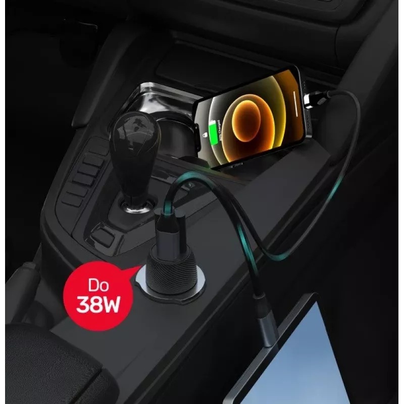 Automobilinis kroviklis Unitek P1400A su USB-C ir USB-A, 38W, Quick Charge 3.0, įėjimas 12–24V, juodas