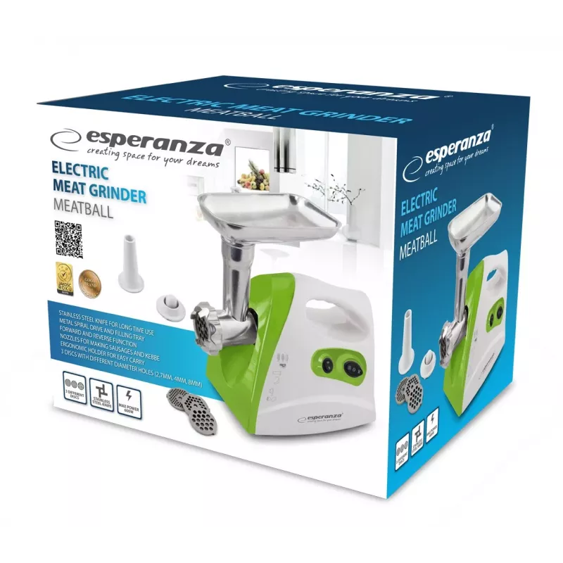 Mėsmalė ESPERANZA EKM012G — 600 W, nerūdijančio plieno peilis, dešrų antgalis, kebabo gaminimo priedas, atbulinė eiga, neslystančios kojelės, balta/žalia
