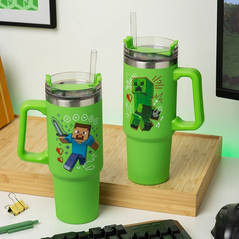Paladone Minecraft žalias 900 ml izoliuotas puodelis su šiaudeliu
