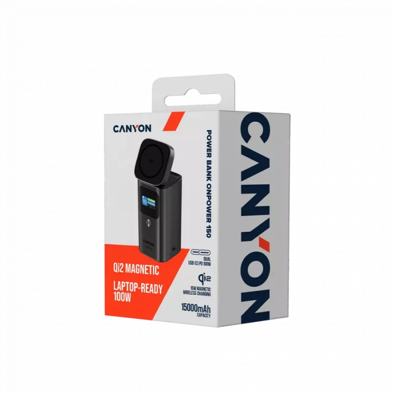 CANYON Qi2 belaidis magnetinis powerbankas OnPower 150 15000mAh Aliuminis tamsiai pilkas