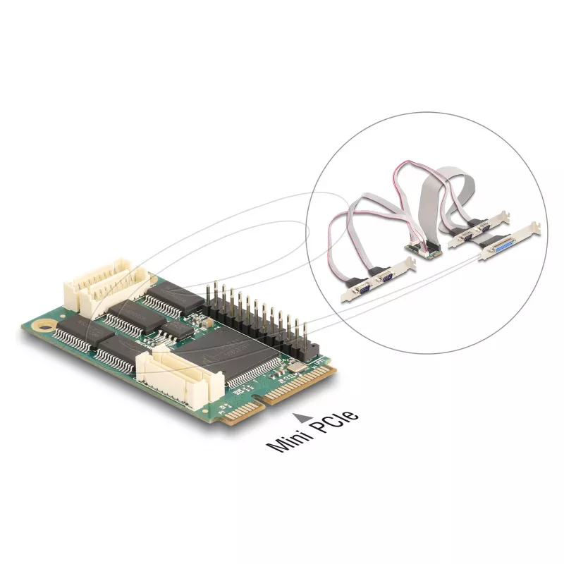 Vidinė Mini PCIe sąsajos plokštė DELOCK 95279 – RS-232 prievadas, 460,8 Kbit/s, FIFO 256 B