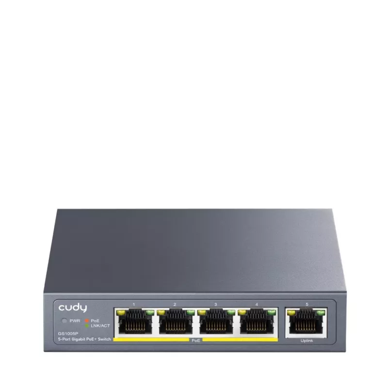 Tinklo jungiklis Cudy GS1005P – 5 prievadų Gigabit Ethernet su 4 PoE prievadais, 60W, metalinis korpusas, montuojamas į stelažą