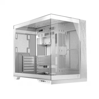 PC korpusas MODECOM Volcano Panorama Midi Tower baltas – micro ATX, grūdintas stiklas, ARGB, USB-C, palaiko GPU iki 400 mm