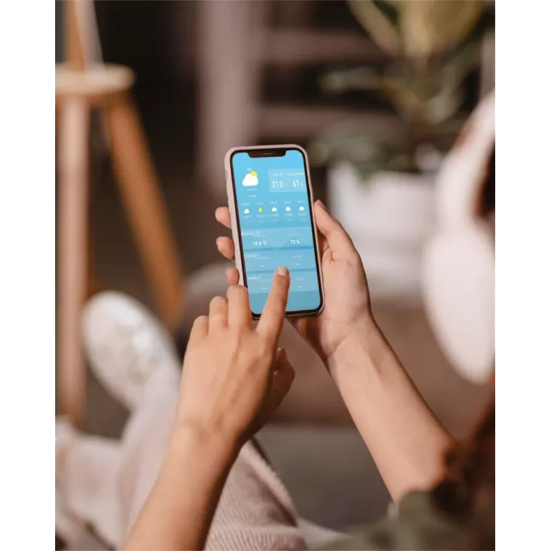 Oro stotelė BLAUPUNKT WS35BK APP – LCD ekranas, temperatūra ir drėgmė, signalizacija, kalendorius, programėlės valdymas, 94×94×27 mm