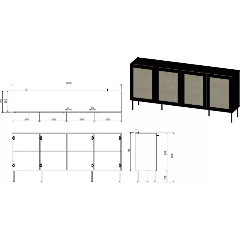 JUTA 4D komoda 4D 200x39,5x90 juodas + linol calabria
