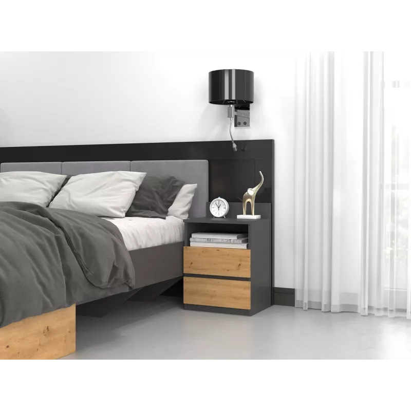 Naktinis staliukas Top e shop M1 ANTRACYT/ARTISAN, ąžuolas, 2 stalčiai, 400×320×590 mm
