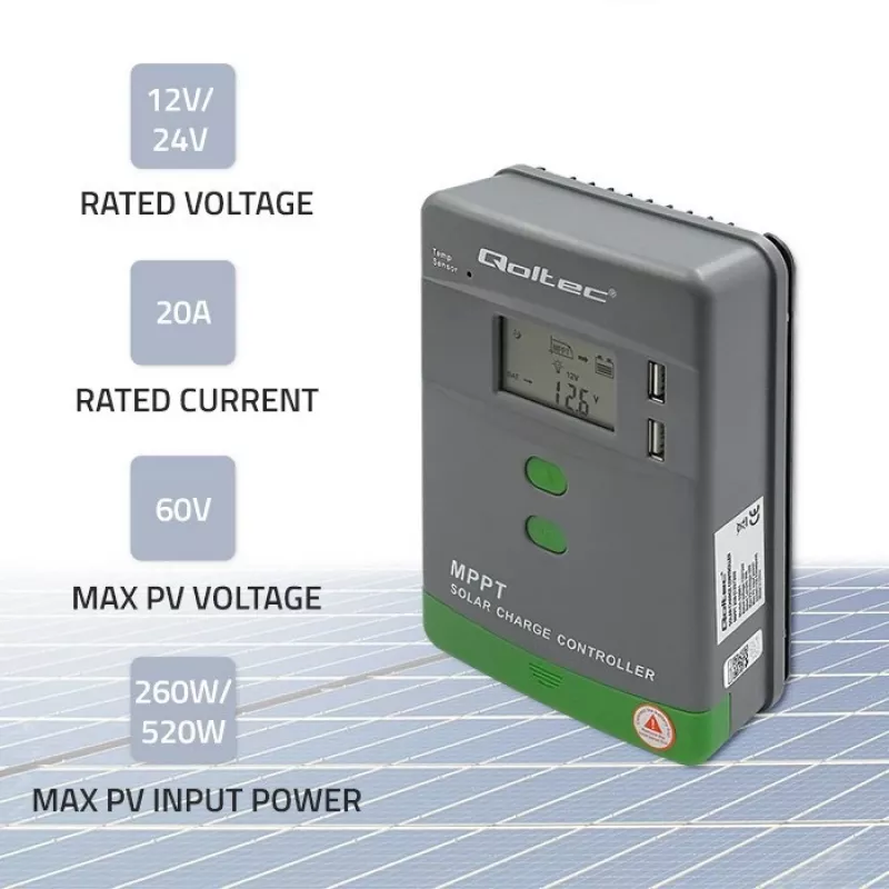 Qoltec saulės MPPT įkrovimo valdiklis su temperatūros jutikliu 20A 12V/24V LCD ekranas 2xUSB