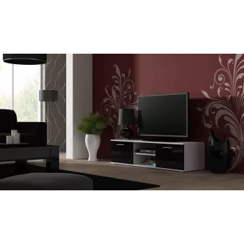 TV stovas Cama Meble SOHO 140 – 1400×430×370 mm, baltas viršus, medžio drožlių plokštė, baltas rėmas, juodi blizgūs fasadai