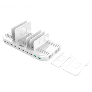 Įkrovimo stotelė Unitek Y-2190A — 10× USB prievadų (8×USB 2.0 + 2×USB 3.2 Gen1), belaidis įkrovimas, 96 W