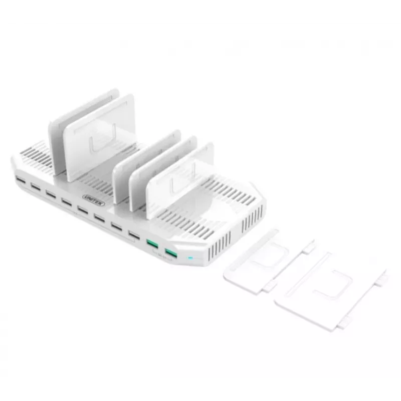 Įkrovimo stotelė Unitek Y-2190A — 10× USB prievadų (8×USB 2.0 + 2×USB 3.2 Gen1), belaidis įkrovimas, 96 W