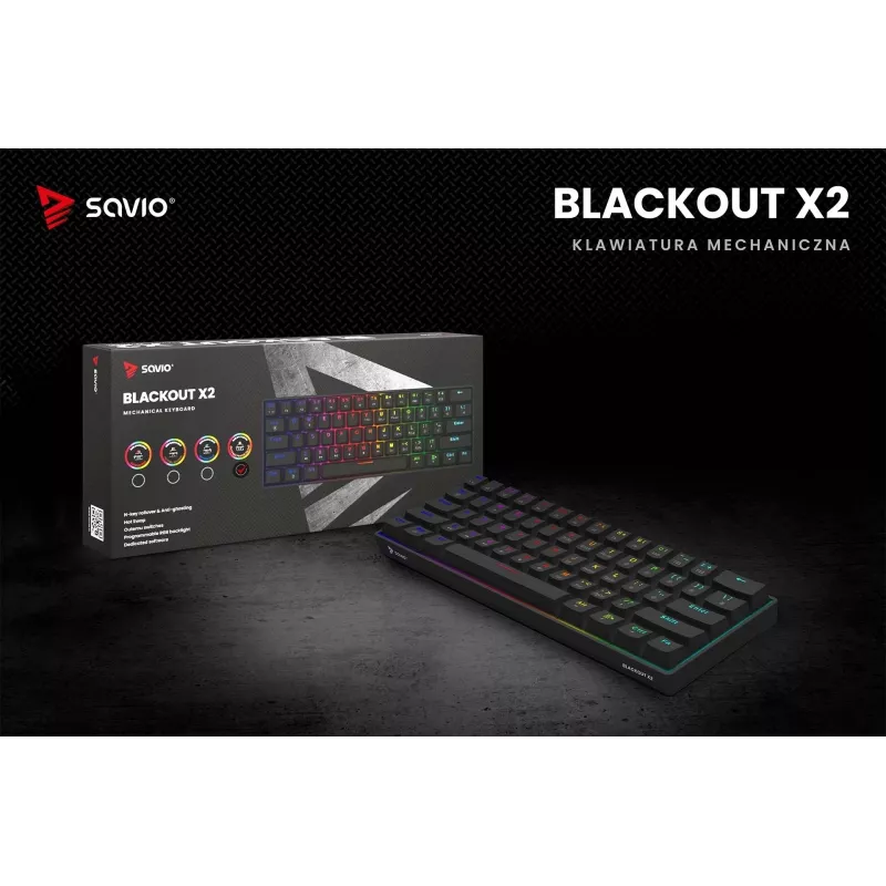 Mechaninė žaidimų klaviatūra SAVIO BLACKOUT X2 PEACH — 61 klavišas 60% QWERTY, RGB LED, hot-swap, USB Type-A/Type-C, atjungiamas laidas